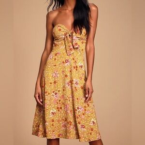 LULUS Ava Mustard Yellow Floral Print Strapless Midi Dress